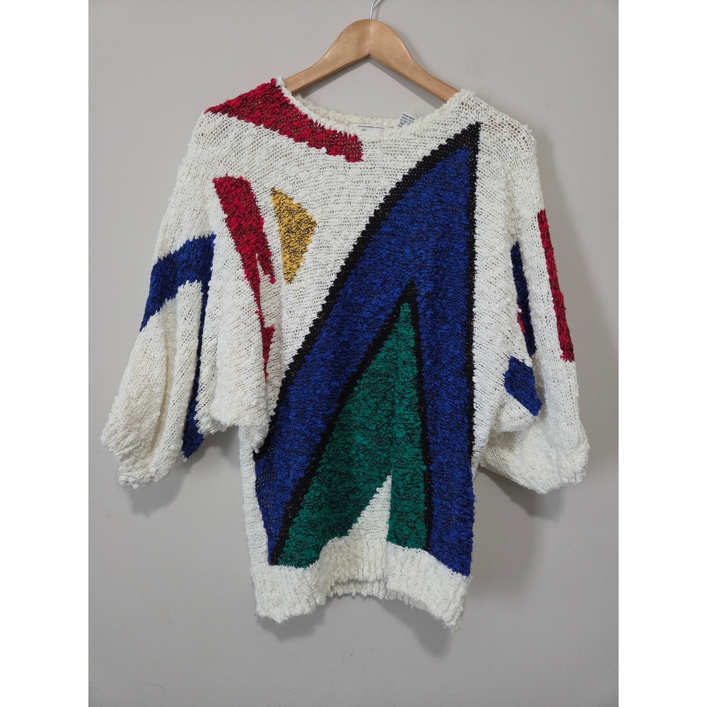Vintage Margules 80s Abstract Geometric Popcorn Knit Batwing Sweater Large White